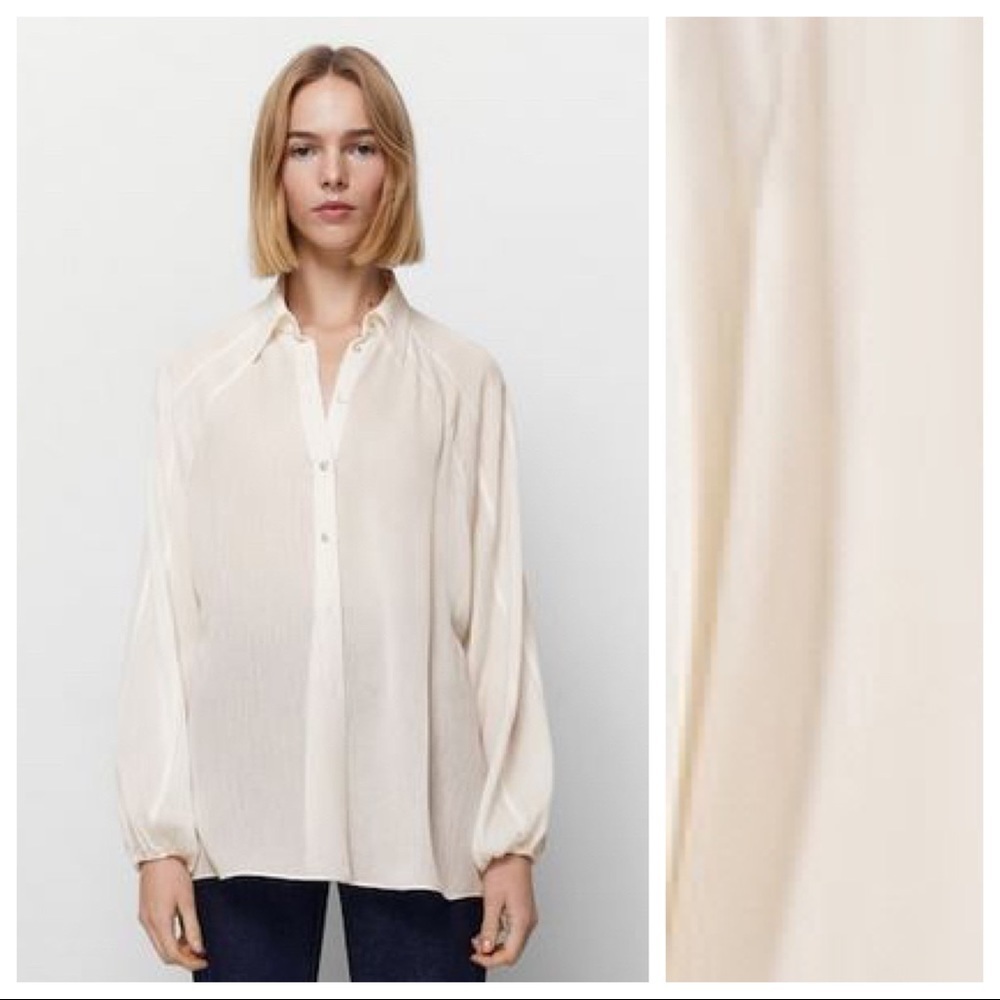 NWT. Massimo Dutti Cream Flowing Shirt/Blouse with Balloon Sleeves. Size M.
